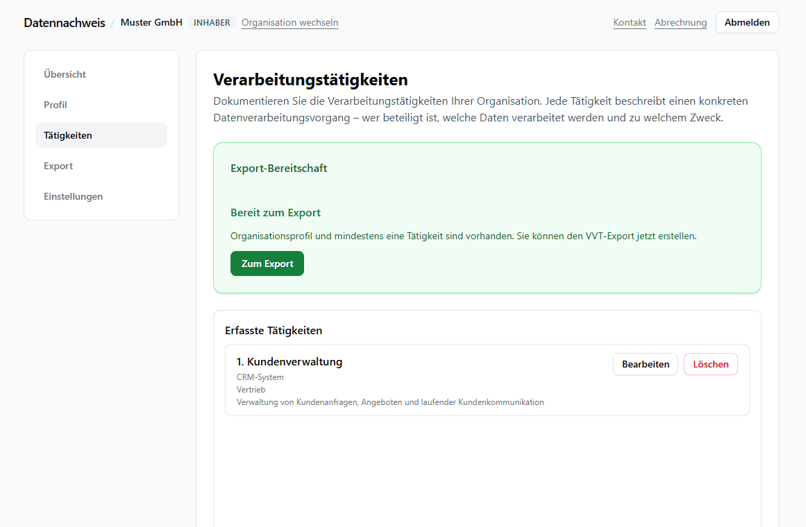Datennachweis Arbeitsbereich mit erfasster Verarbeitungstätigkeit