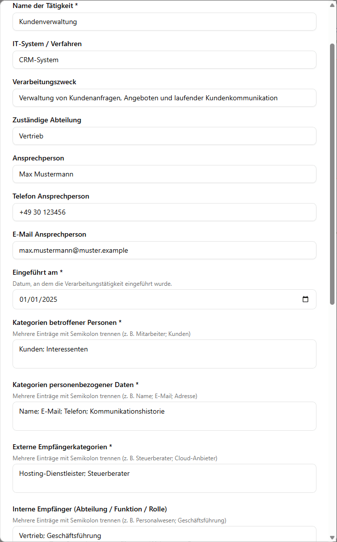 Formular zur Erfassung einer Verarbeitungstätigkeit in Datennachweis