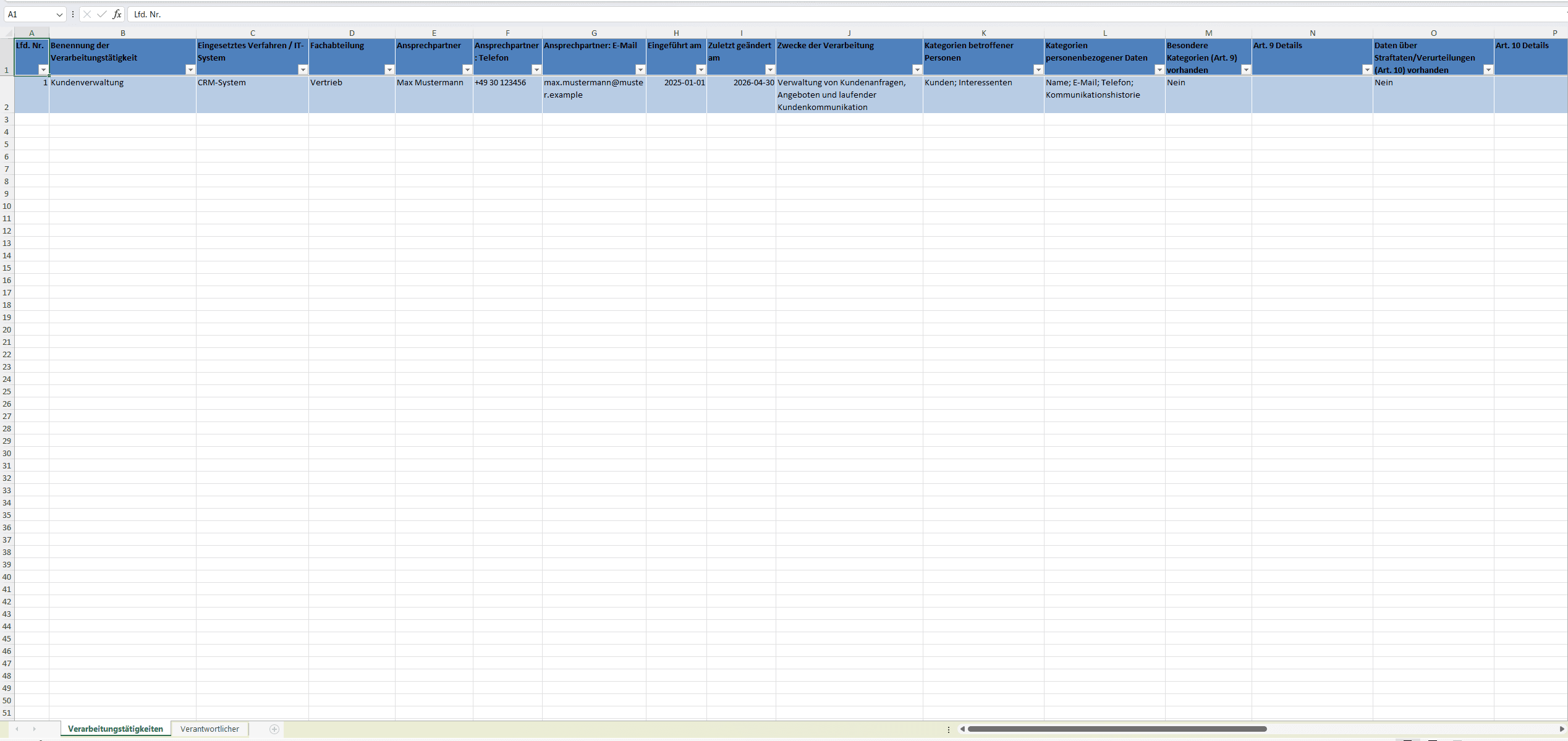 Excel-Export eines VVT mit Verarbeitungstätigkeiten