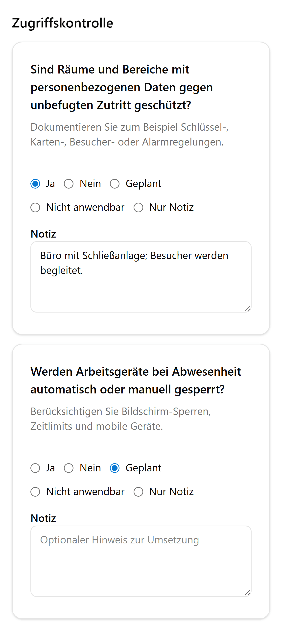TOMs-Checkliste zur Zugriffskontrolle: eine Maßnahme mit „Ja“ und einer Notiz beantwortet, mit den Optionen Nein, Geplant, Nicht anwendbar und Nur Notiz