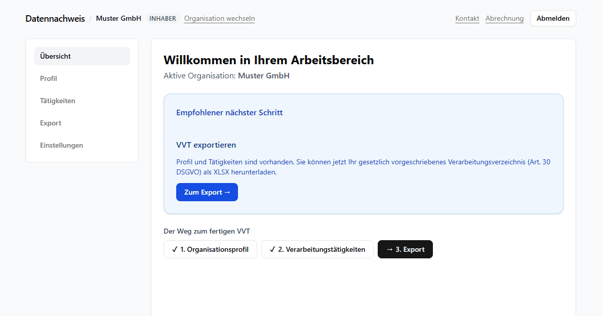 Datennachweis Arbeitsbereich mit Organisationsprofil, Tätigkeiten und Export